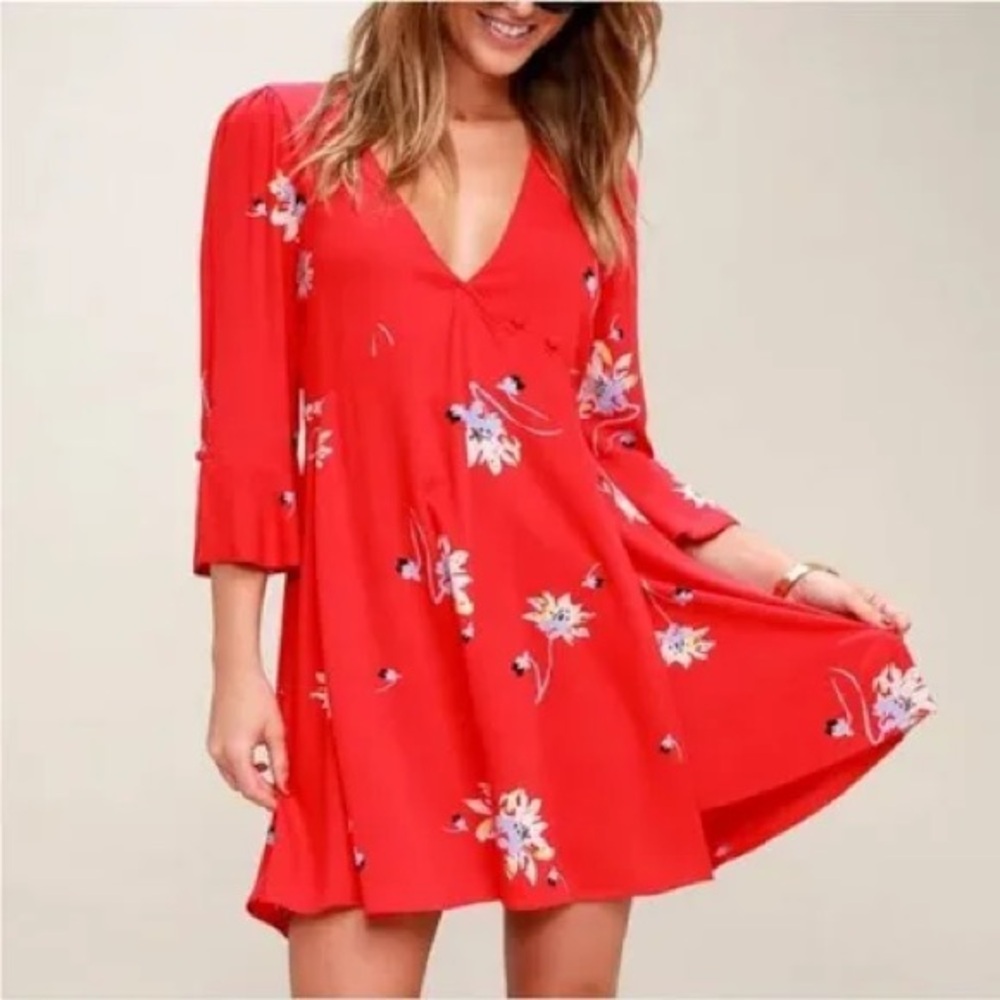 Free People M Time On My Side Red Floral Mini Dress Y2K Wrap feminine Sundress